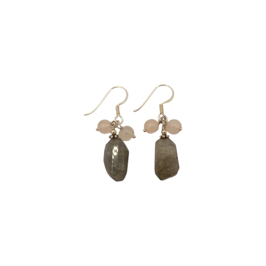Sterling Silver Rough Cut Labradorite With Rose Quartz Beads Earrings 1.5"