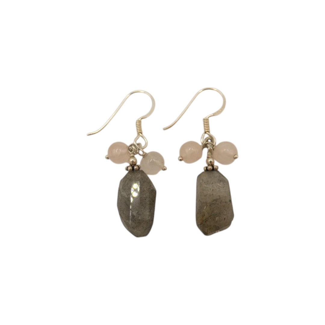 Sterling Silver Rough Cut Labradorite With Rose Quartz Beads Earrings 1.5"