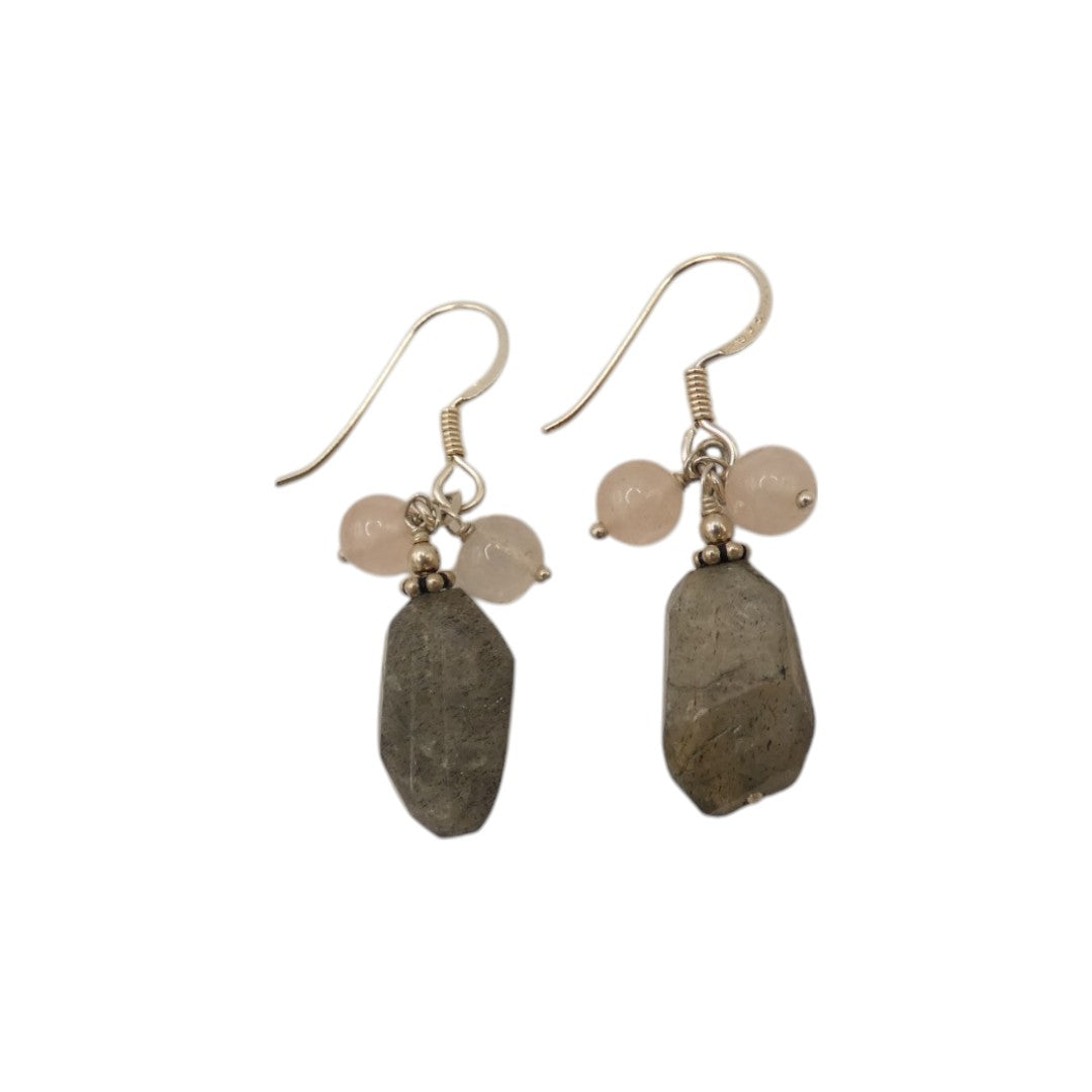 Sterling Silver Rough Cut Labradorite With Rose Quartz Beads Earrings 1.5"
