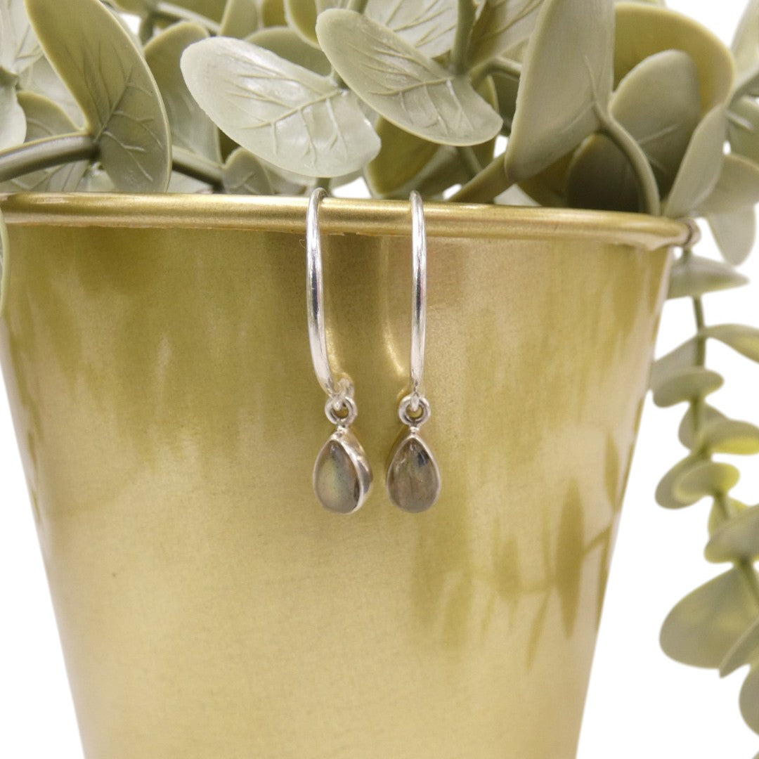 Sterling Silver Labradorite Hoop Earrings With Drop Stone 0.75"