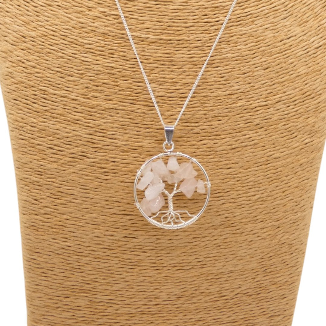 Sterling Silver Rose Quartz Tree Of Life Necklace