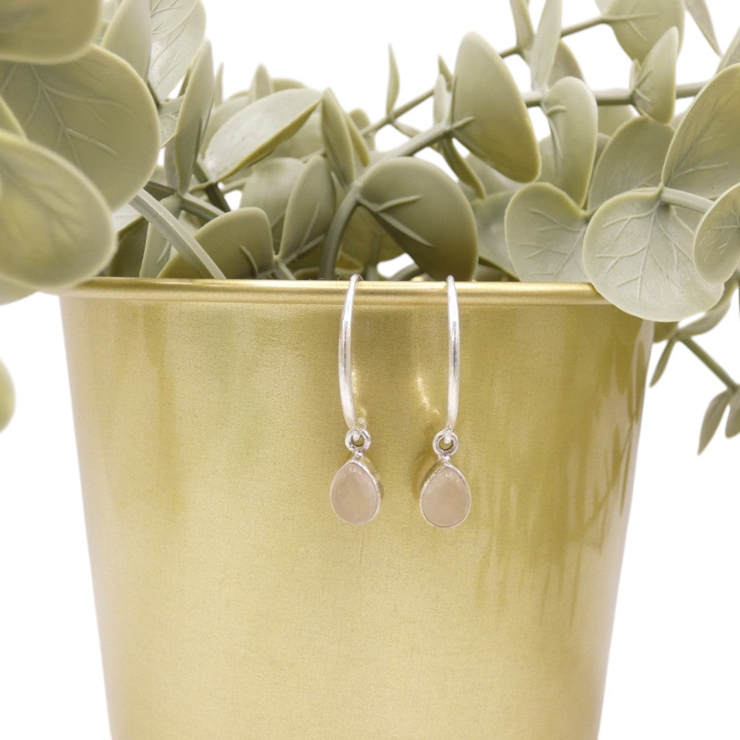 Sterling Silver Rose Quartz Hoop Earrings With Drop Stone 0.75"