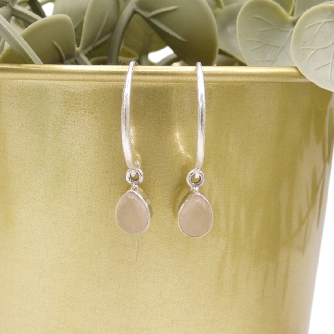 Sterling Silver Rose Quartz Hoop Earrings With Drop Stone 0.75"