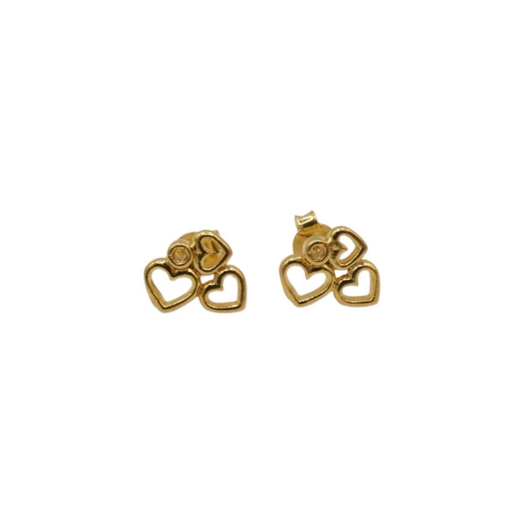 Gold Plated Sterling Silver Three Heart Stud Earrings 0.25"