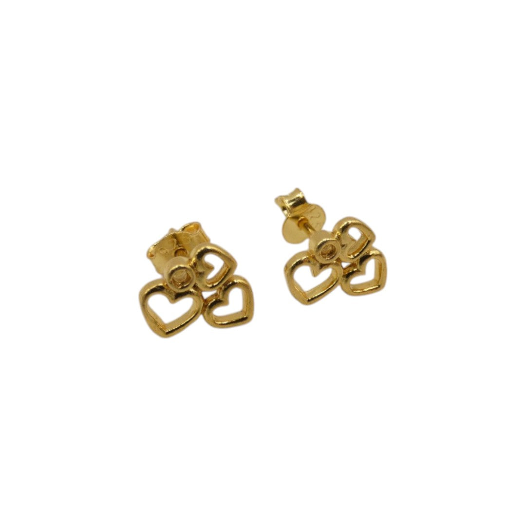 Gold Plated Sterling Silver Three Heart Stud Earrings 0.25"