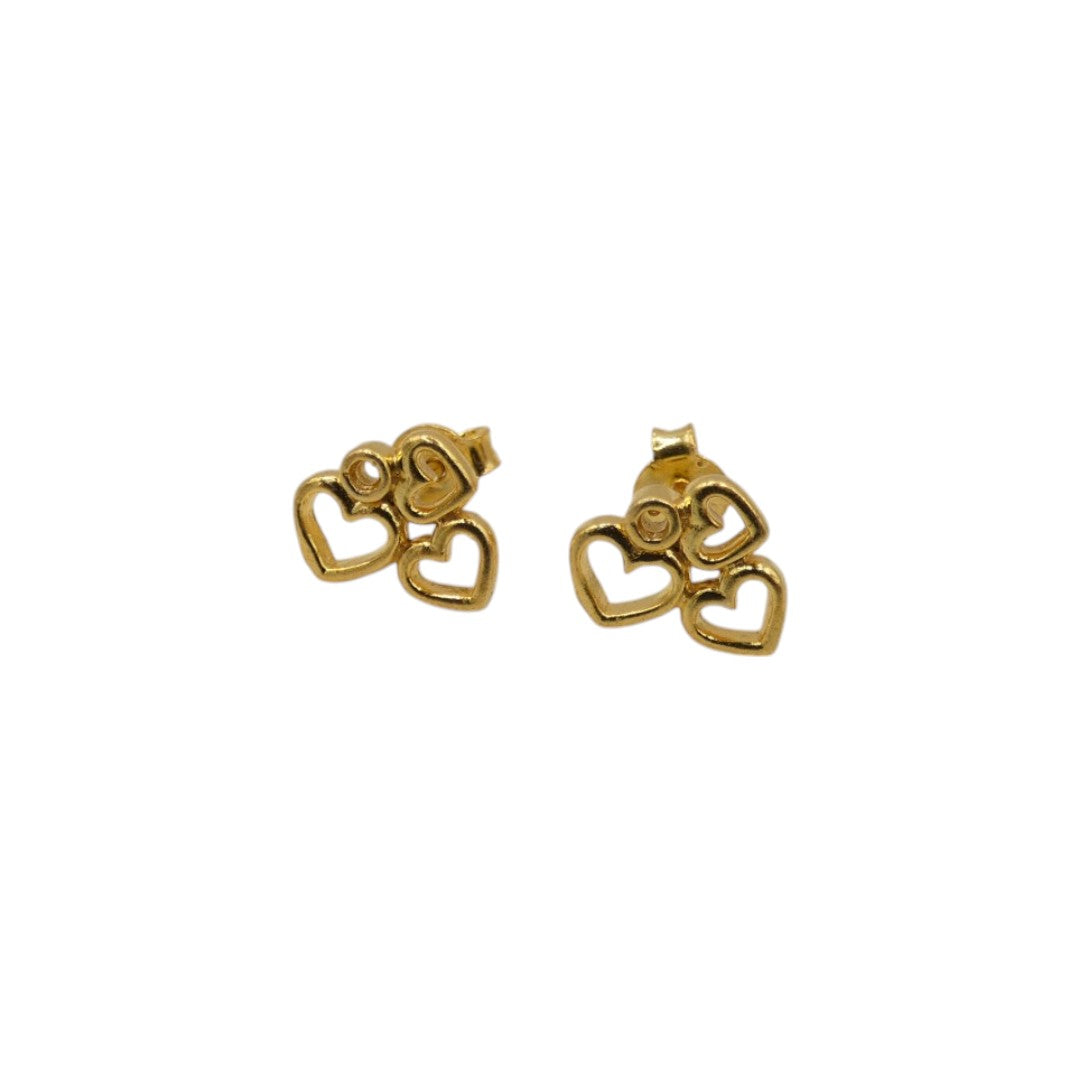 Gold Plated Sterling Silver Three Heart Stud Earrings 0.25"