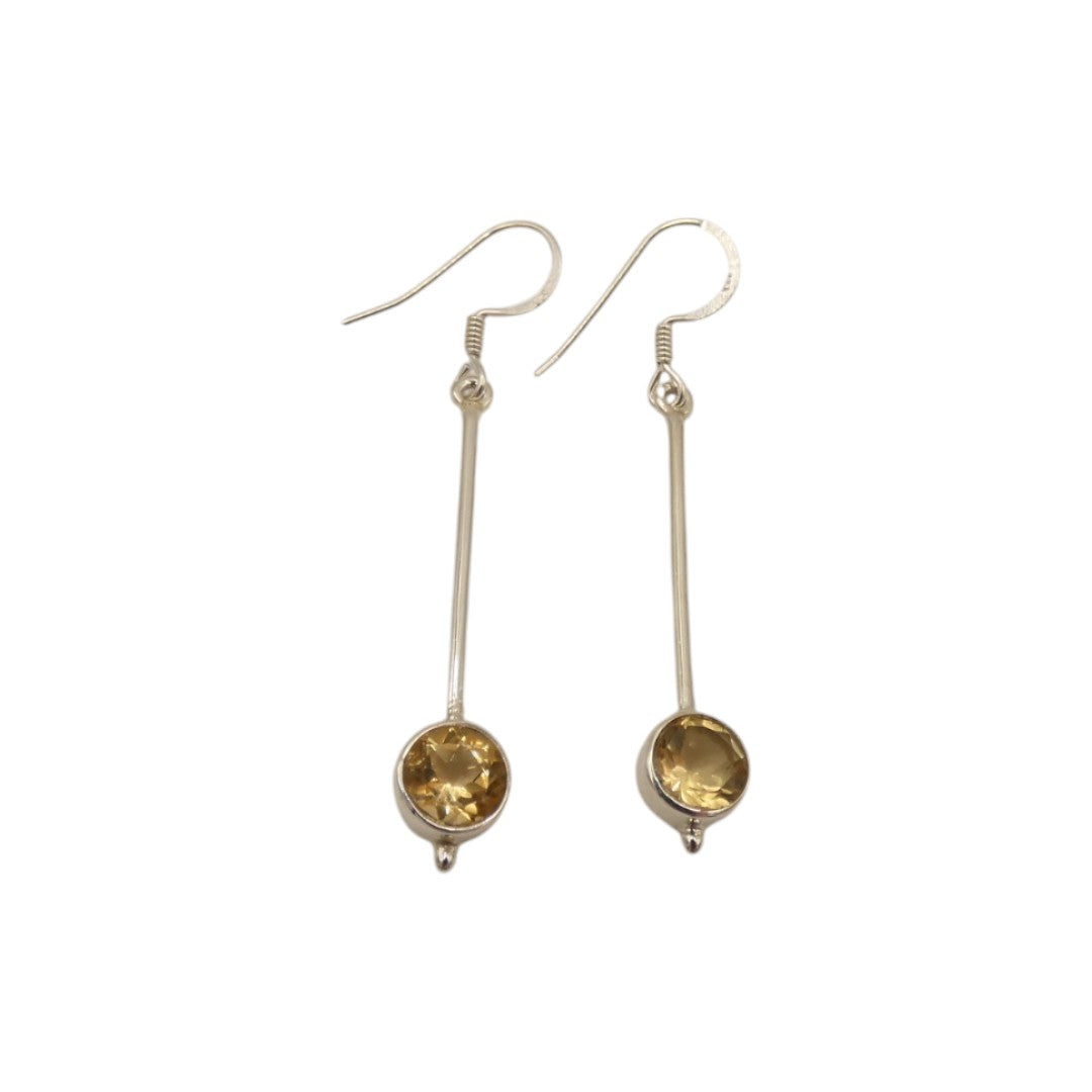 Sterling Silver Citrine Straight Drop Earrings With Round Stone 2"
