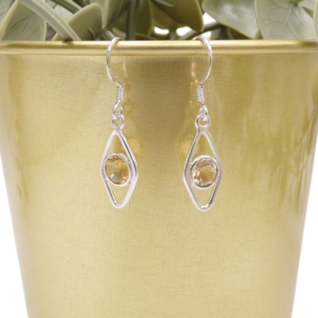 Sterling Silver Citrine Open Diamond Shape Earrings 1.3"
