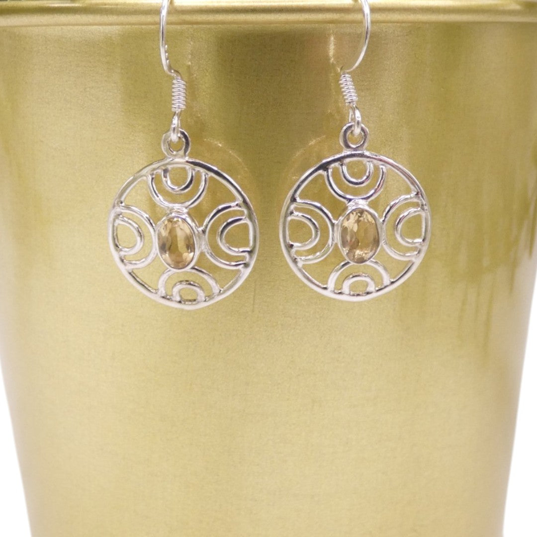 Sterling Silver Citrine Ornate Round Drop Earrings 1.3"