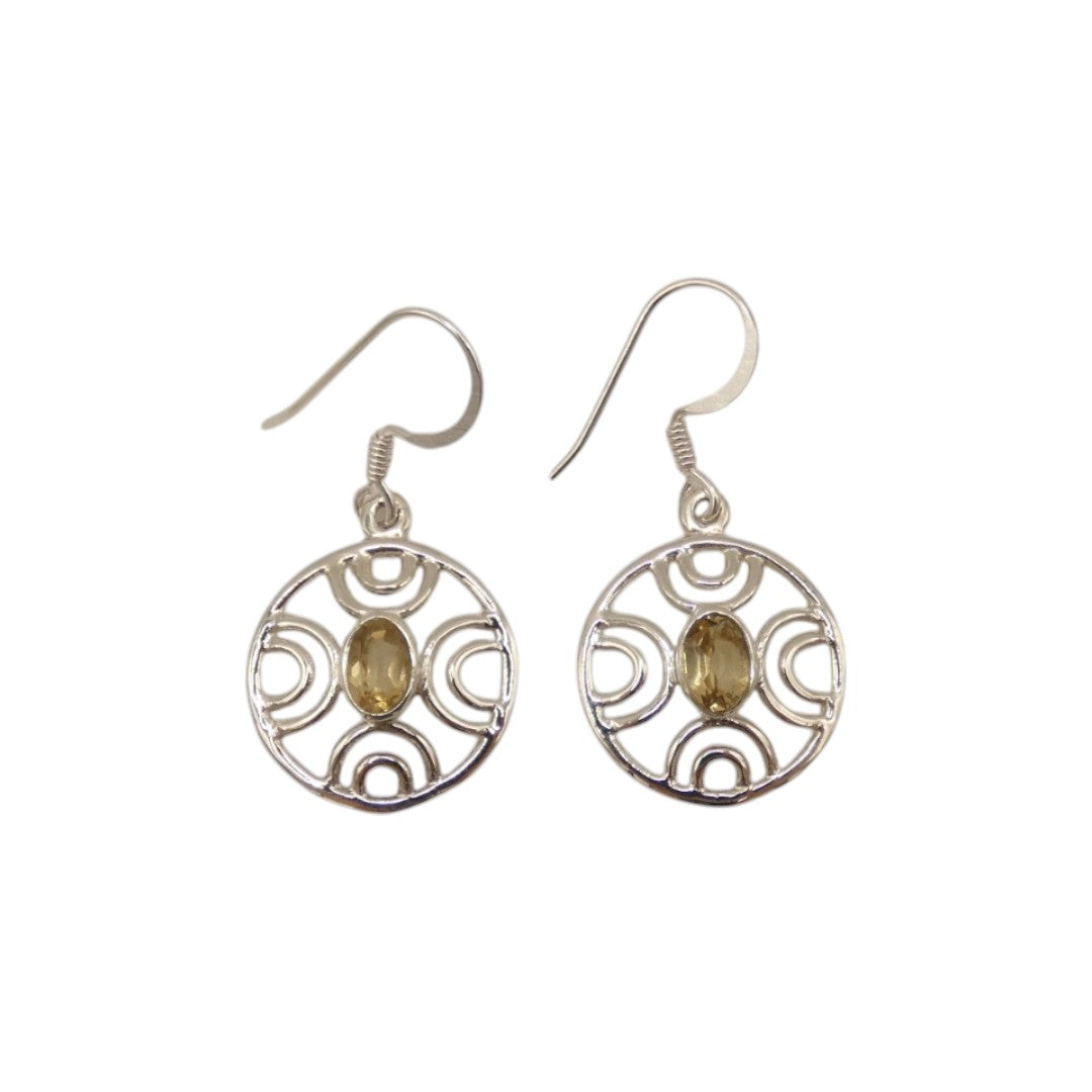 Sterling Silver Citrine Ornate Round Drop Earrings 1.3"