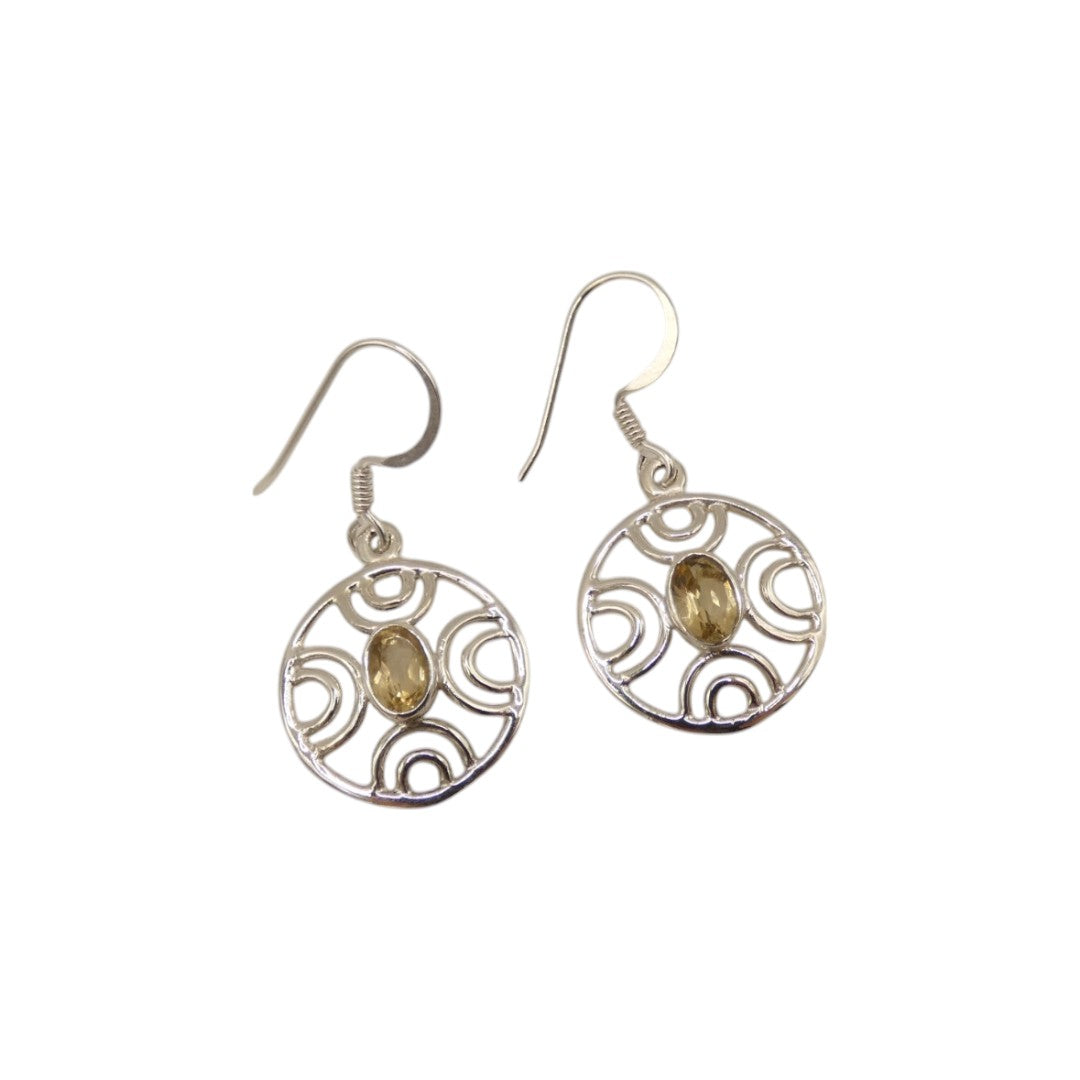 Sterling Silver Citrine Ornate Round Drop Earrings 1.3"