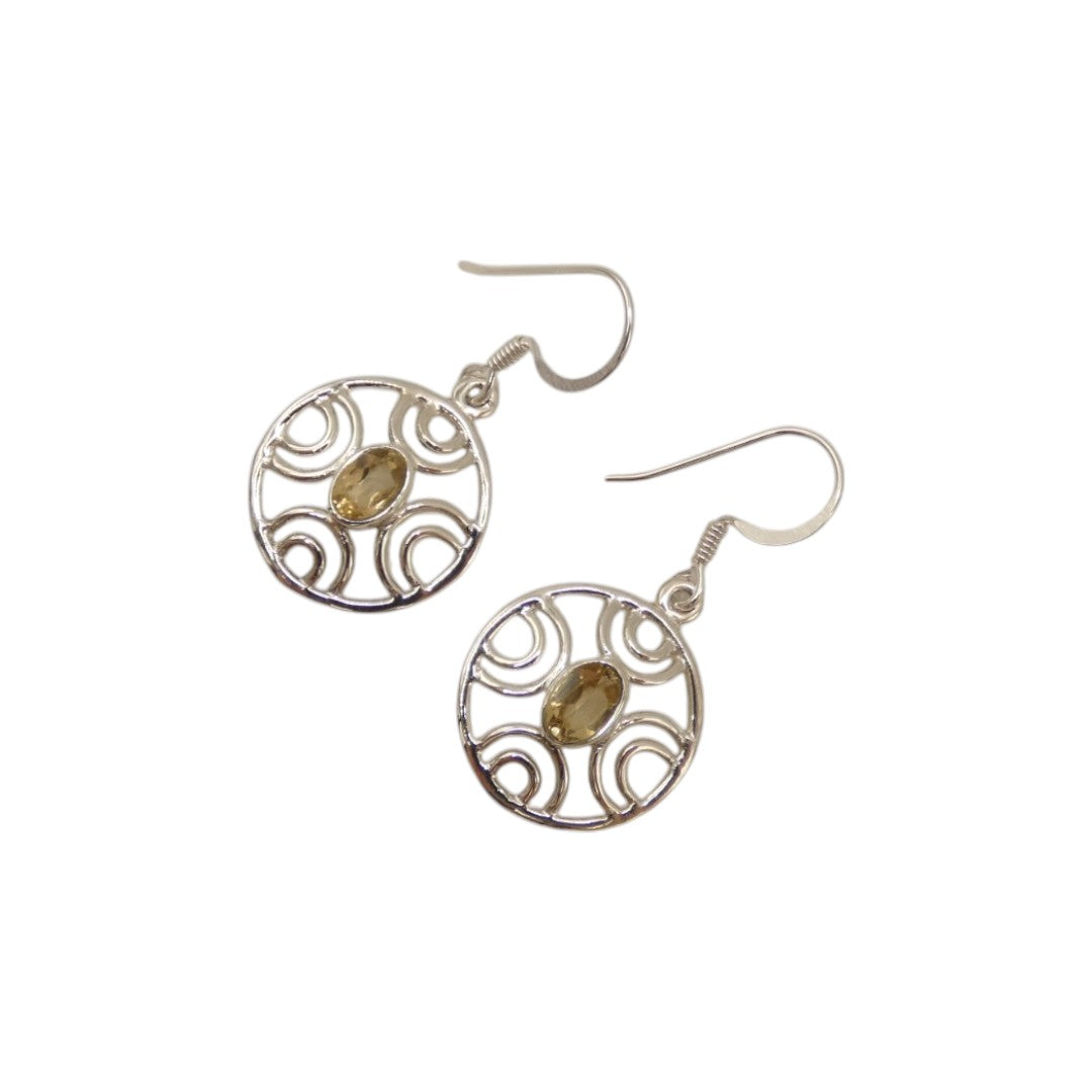 Sterling Silver Citrine Ornate Round Drop Earrings 1.3"