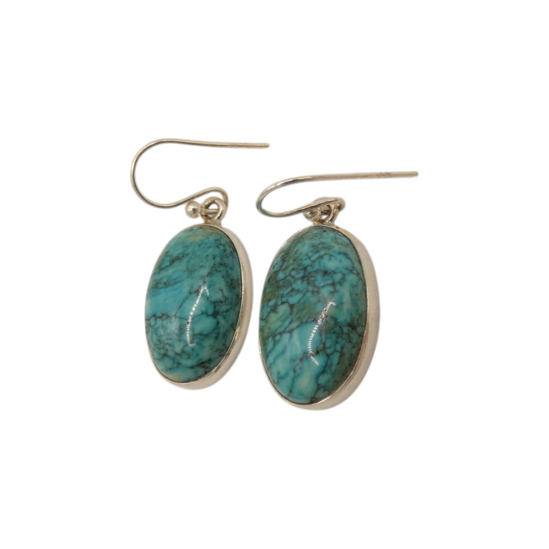 Sterling Silver Turquoise Oval Drop Earrings 1.5"