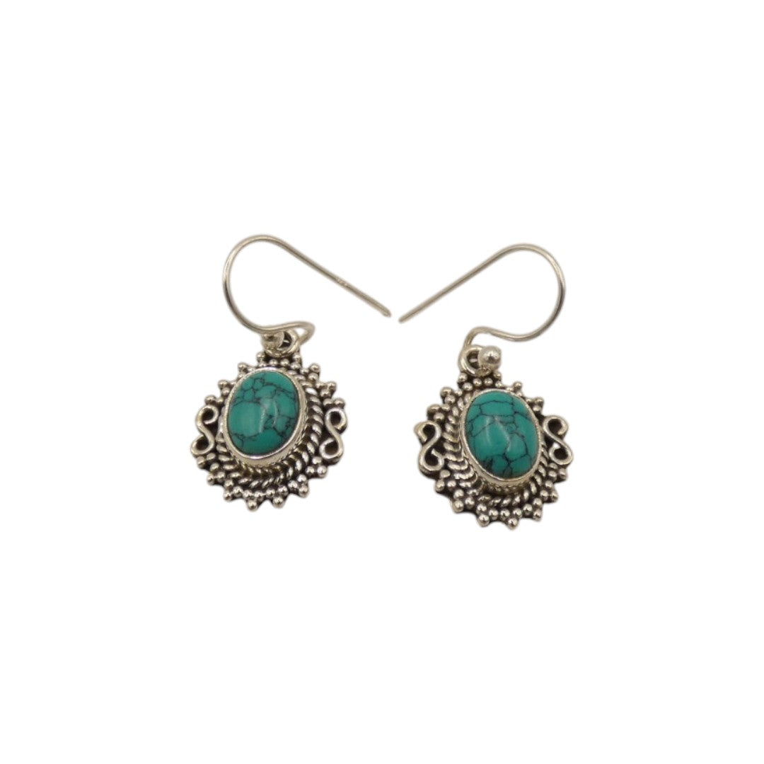 Sterling Silver Turquoise Ornate Drop Earrings 1"