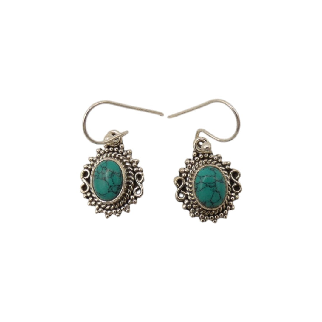 Sterling Silver Turquoise Ornate Drop Earrings 1"
