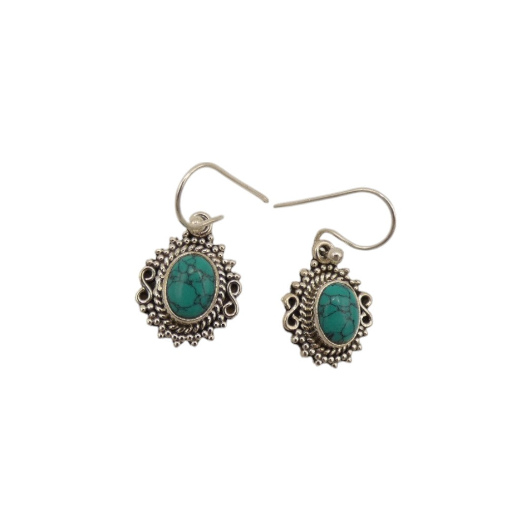 Sterling Silver Turquoise Ornate Drop Earrings 1"