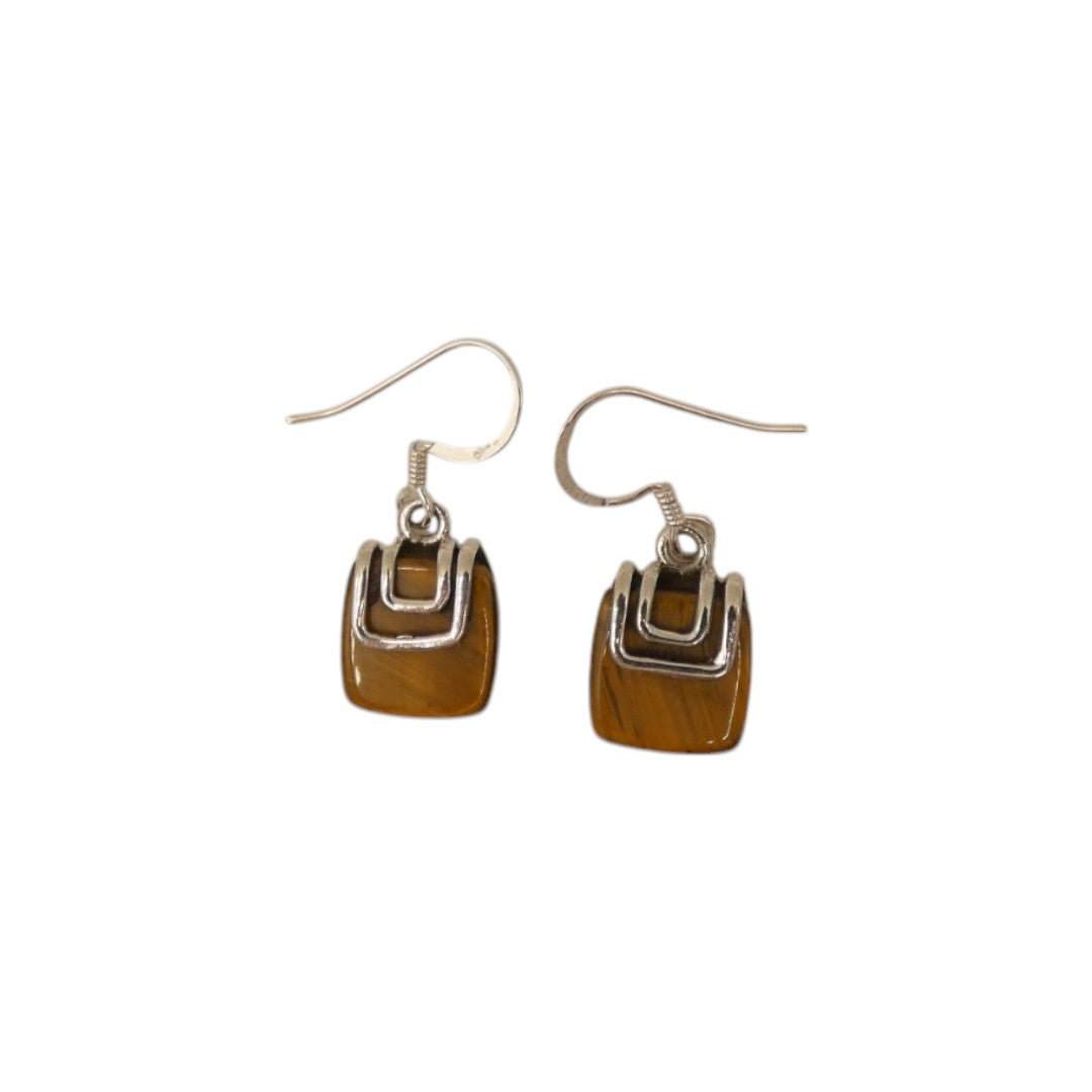 Sterling Silver Tiger's Eye Silver On Stone Drop Earrings 1.1"