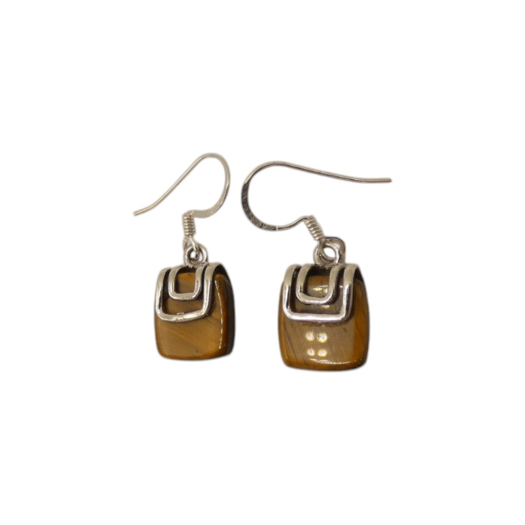Sterling Silver Tiger's Eye Silver On Stone Drop Earrings 1.1"