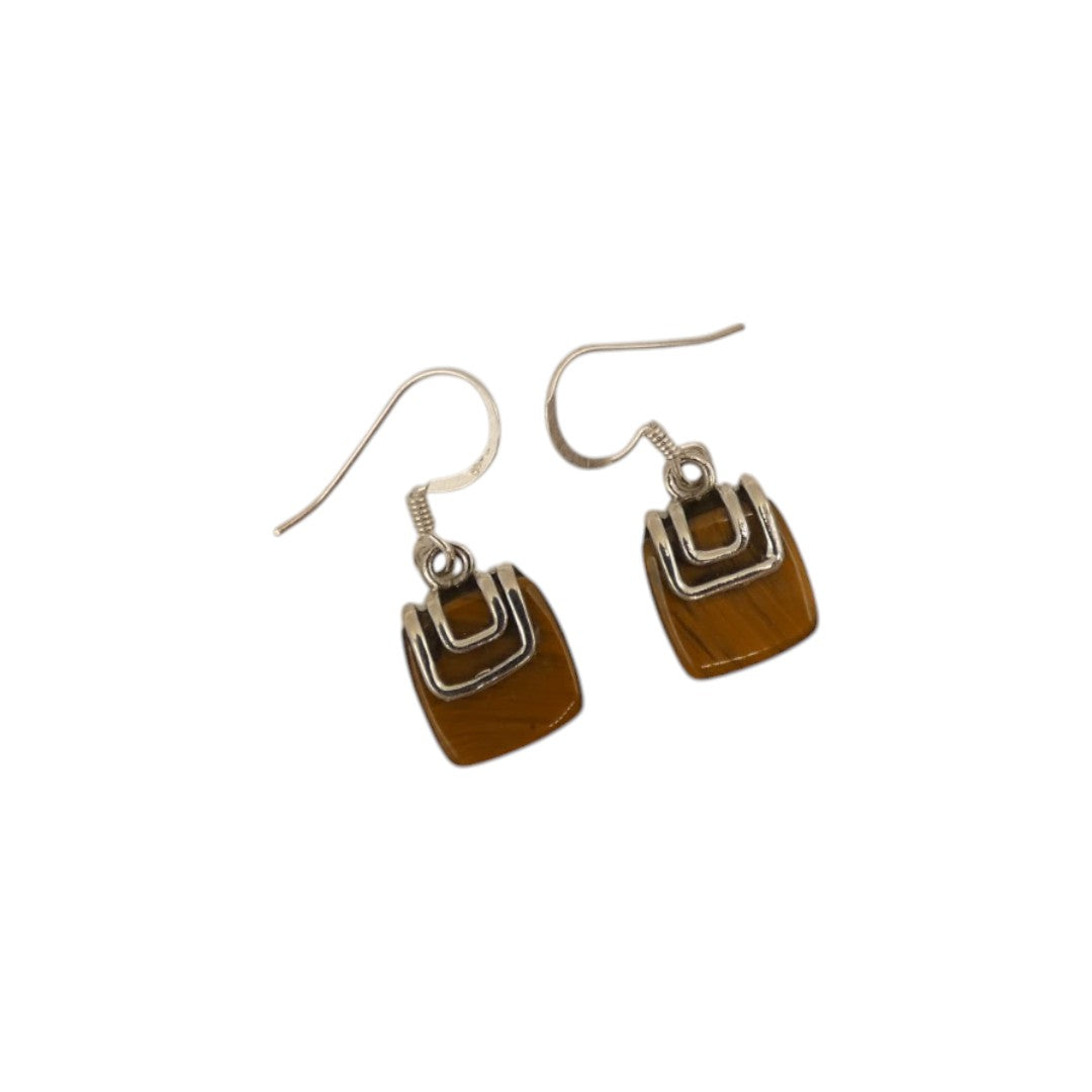 Sterling Silver Tiger's Eye Silver On Stone Drop Earrings 1.1"