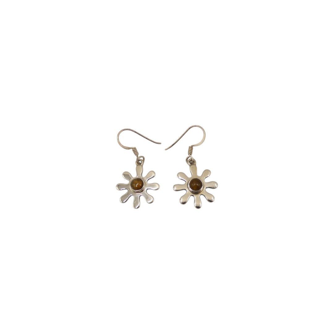 Sterling Silver Tiger's Eye Daisy Design Drop Earrings 1.4"