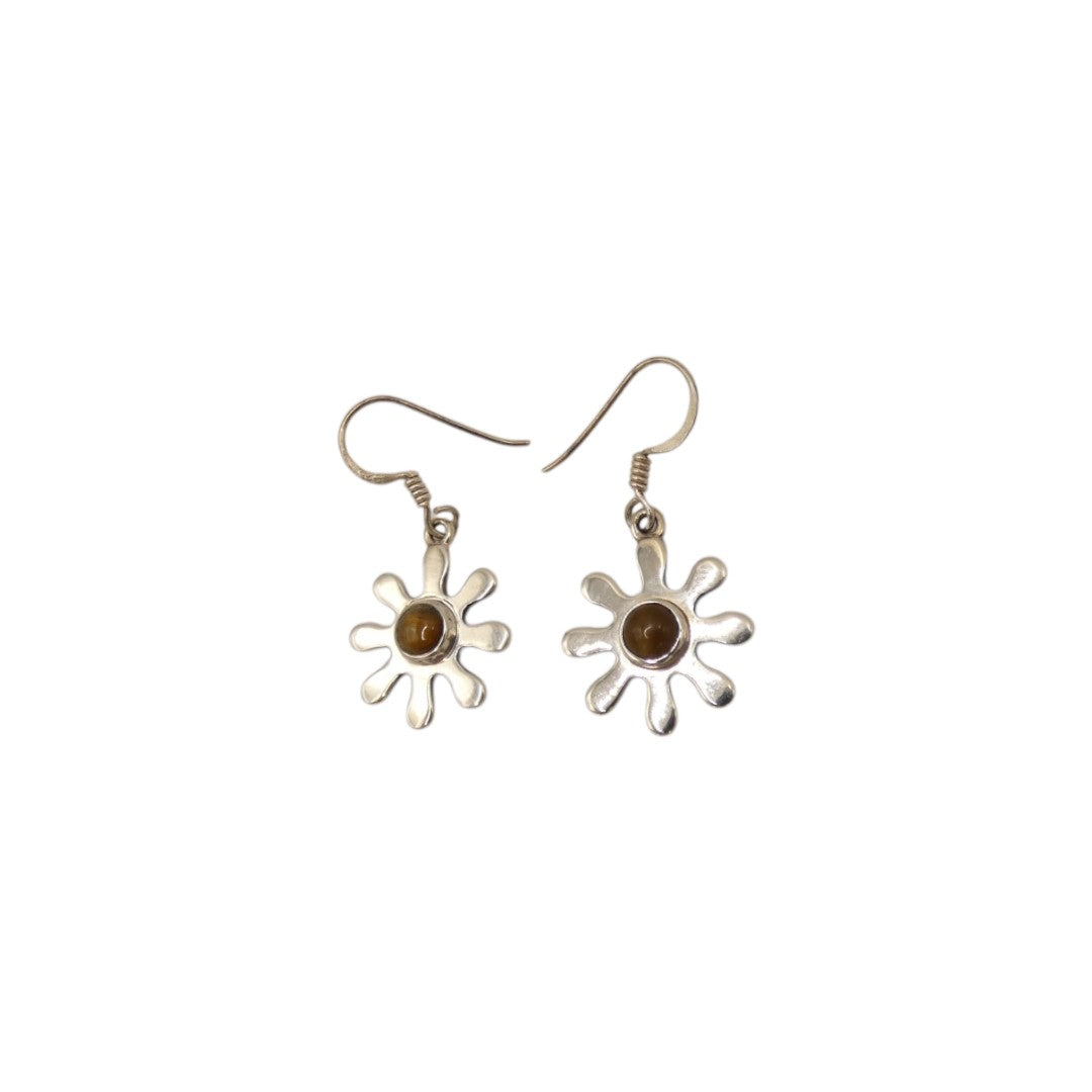 Sterling Silver Tiger's Eye Daisy Design Drop Earrings 1.4"