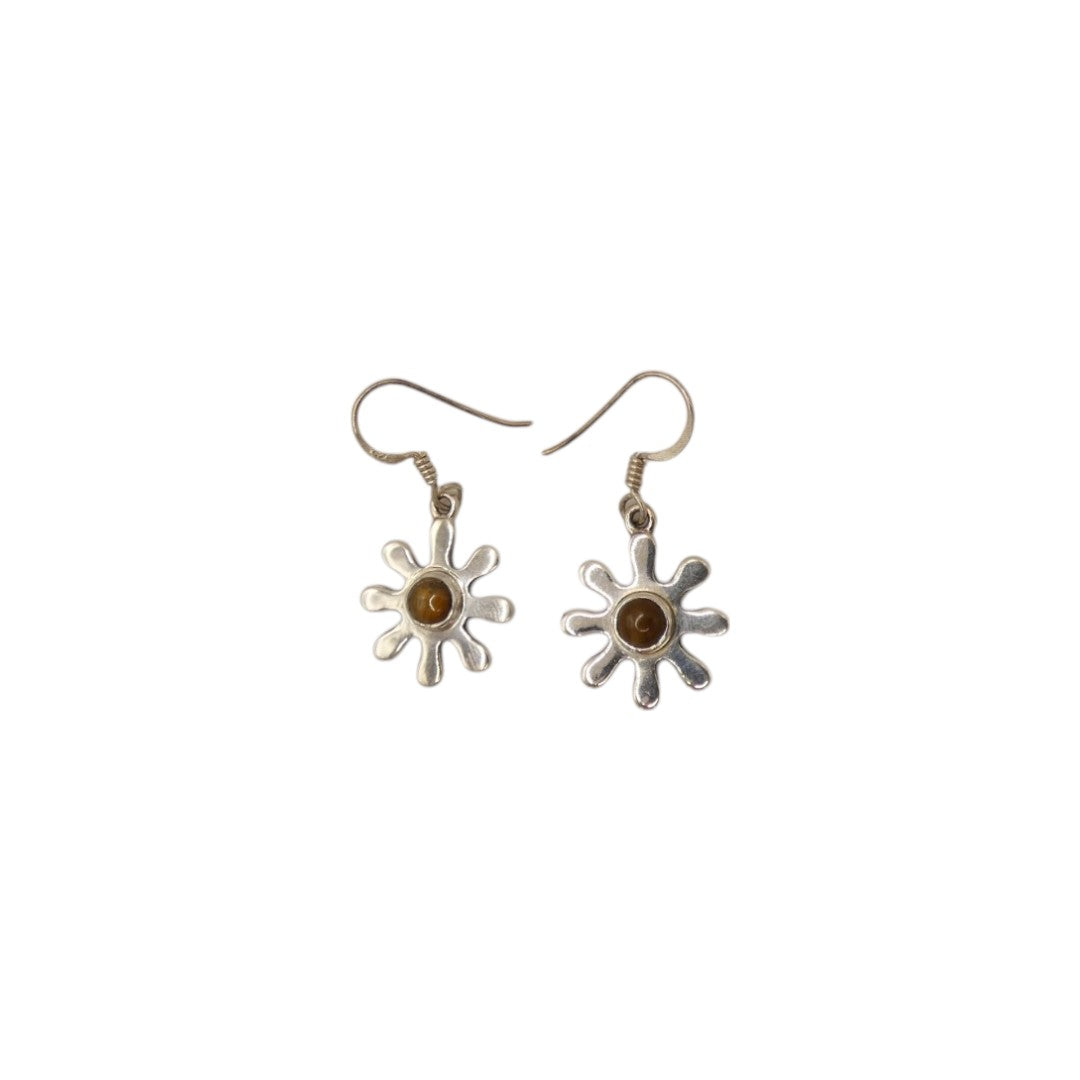 Sterling Silver Tiger's Eye Daisy Design Drop Earrings 1.4"