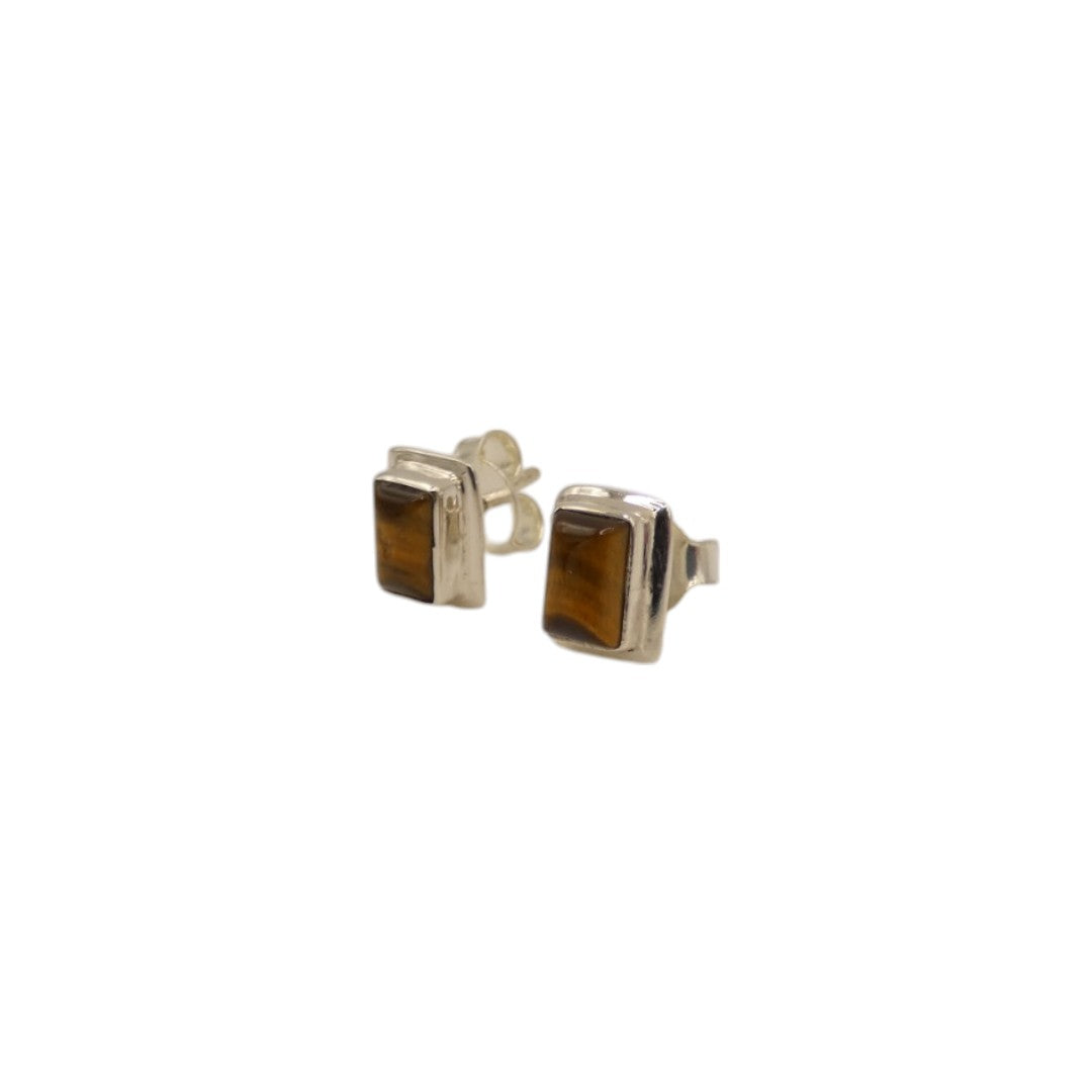Sterling Silver Tiger's Eye Rectangular Stud Earrings 0.4"