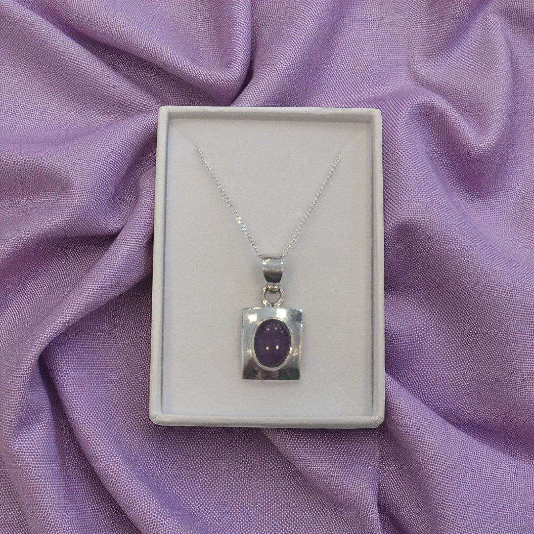 Amethyst Sterling Silver Rectangular Pendant With Oval Centre Stone