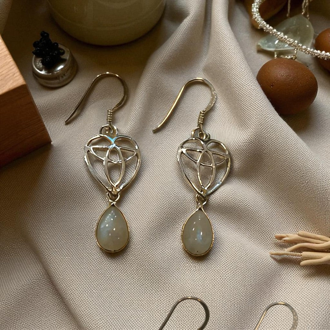 Moonstone Celtic Heart Sterling Silver Drop Earrings