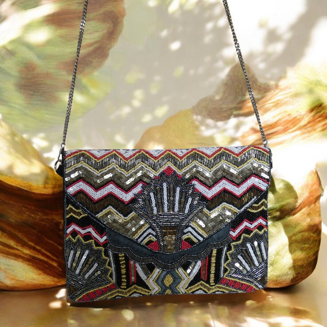 Red, Gold, Black, Yellow And White Bead And Sequin Clutch Bag With a Detachable Silver Crossbody chain