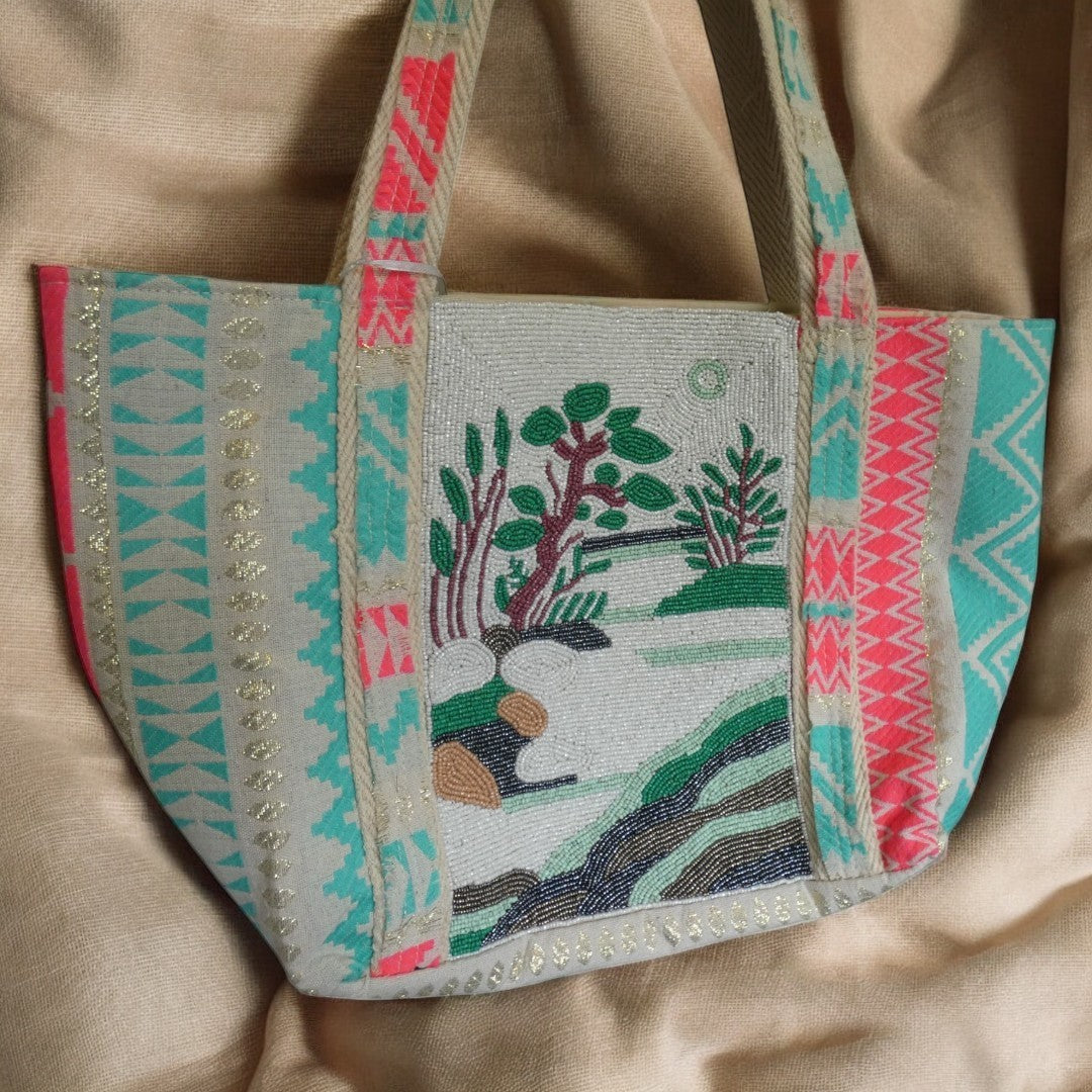 Sand, Fuschia and Aqua And Gold Style Beaded Bag With A River Nature Scene on the Front Of the Bag