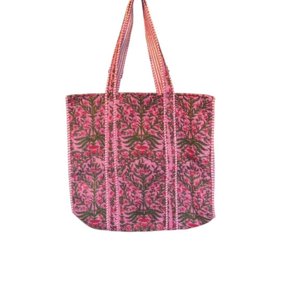 Hand Block Printed Bright Pink Tote Bag With A Floral Design In Green And Pink