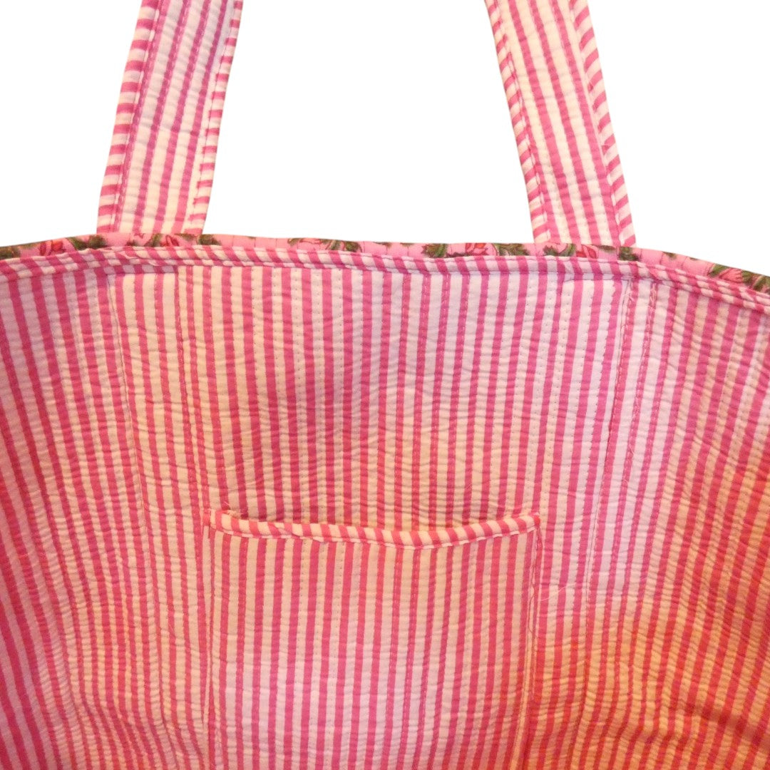 Hand Block Printed Bright Pink Tote Bag With A Floral Design In Green And Pink