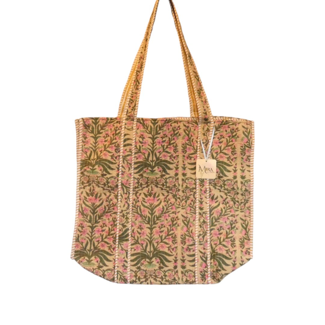 Hand Block Printed Yellow Tote Bag With A Pink And Green Floral Pattern