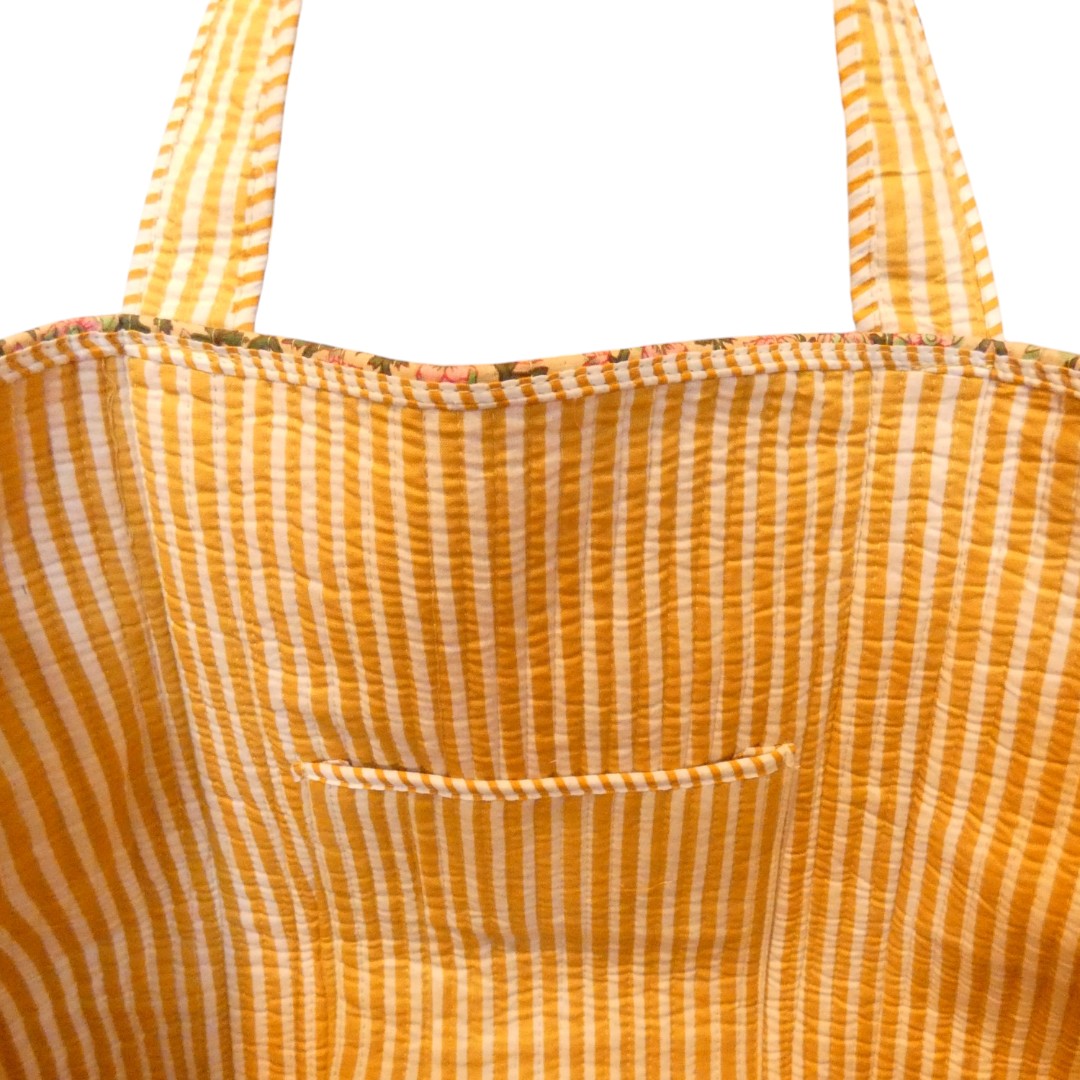 Hand Block Printed Yellow Tote Bag With A Pink And Green Floral Pattern