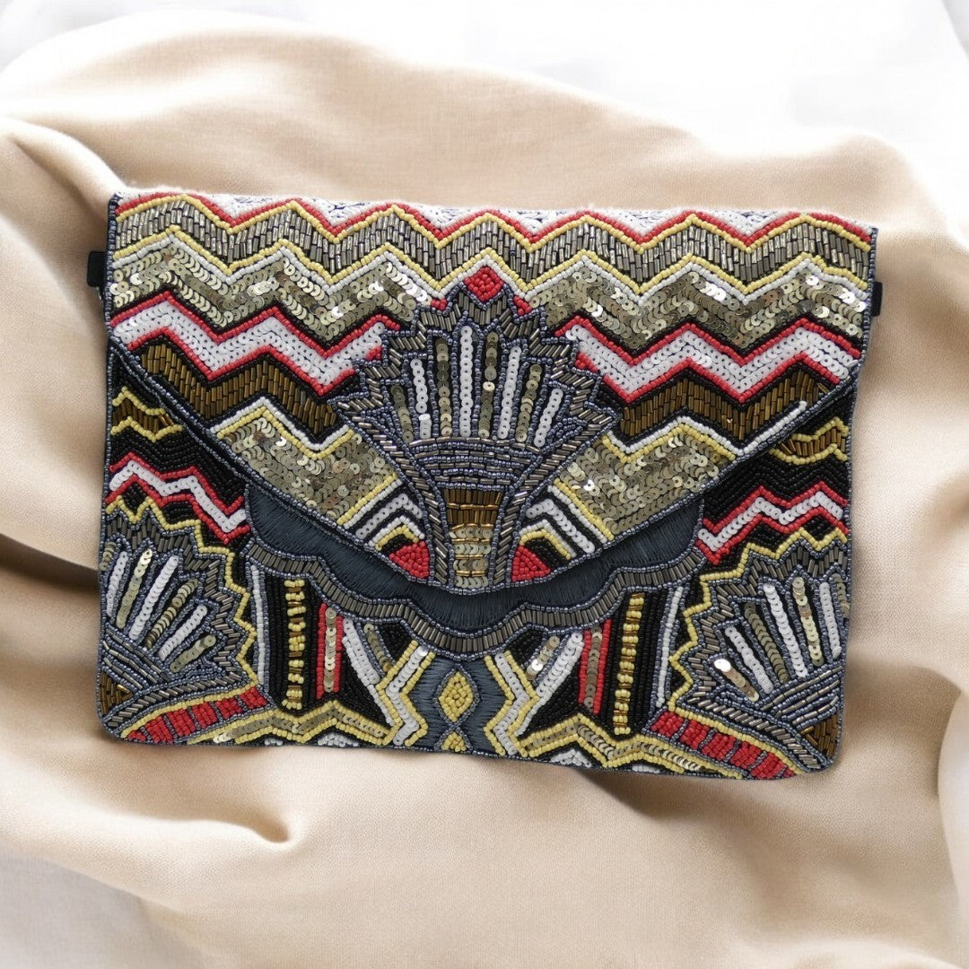 Red, Gold, Black, Yellow And White Bead And Sequin Clutch Bag With a Detachable Silver Crossbody chain