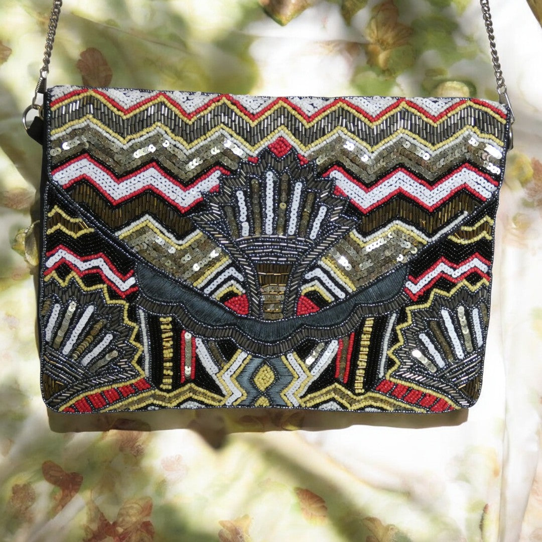 Red, Gold, Black, Yellow And White Bead And Sequin Clutch Bag With a Detachable Silver Crossbody chain