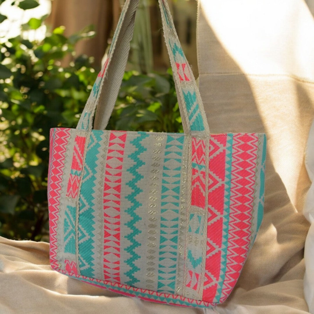 Sand, Fuschia and Aqua And Gold Style Beaded Bag With A River Nature Scene on the Front Of the Bag