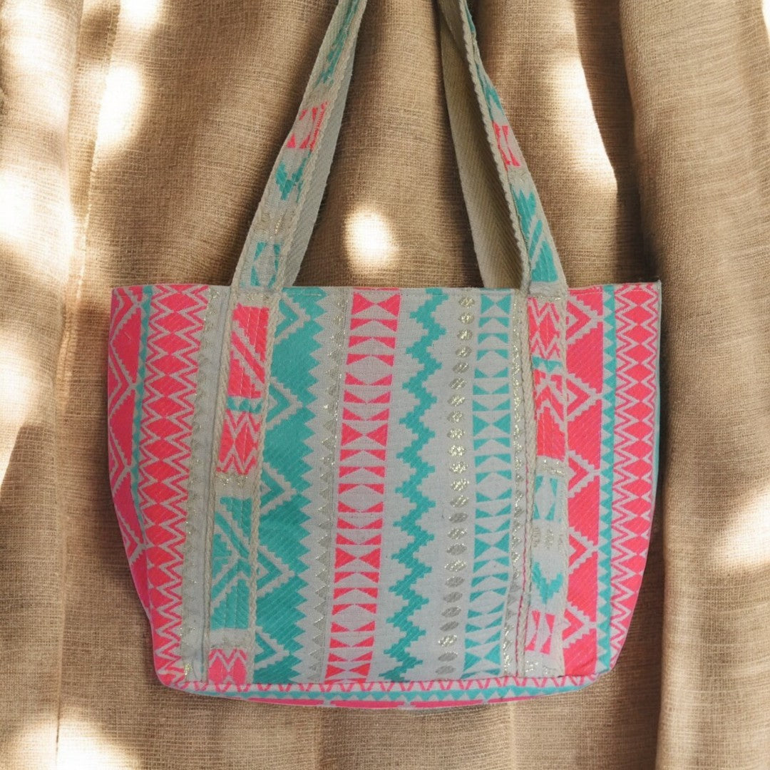 Sand, Fuschia and Aqua And Gold Style Beaded Bag With A River Nature Scene on the Front Of the Bag