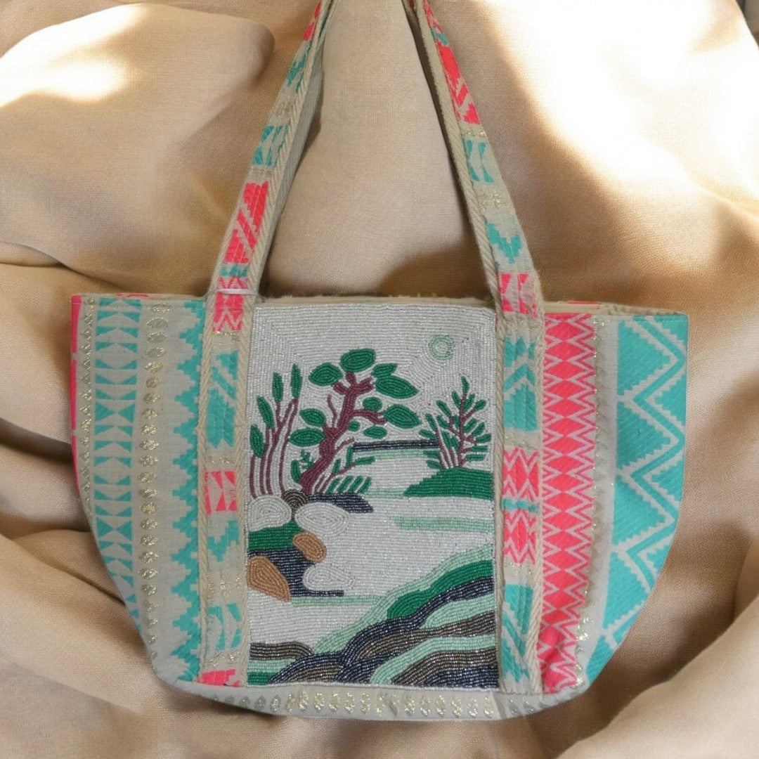 Sand, Fuschia and Aqua And Gold Style Beaded Bag With A River Nature Scene on the Front Of the Bag