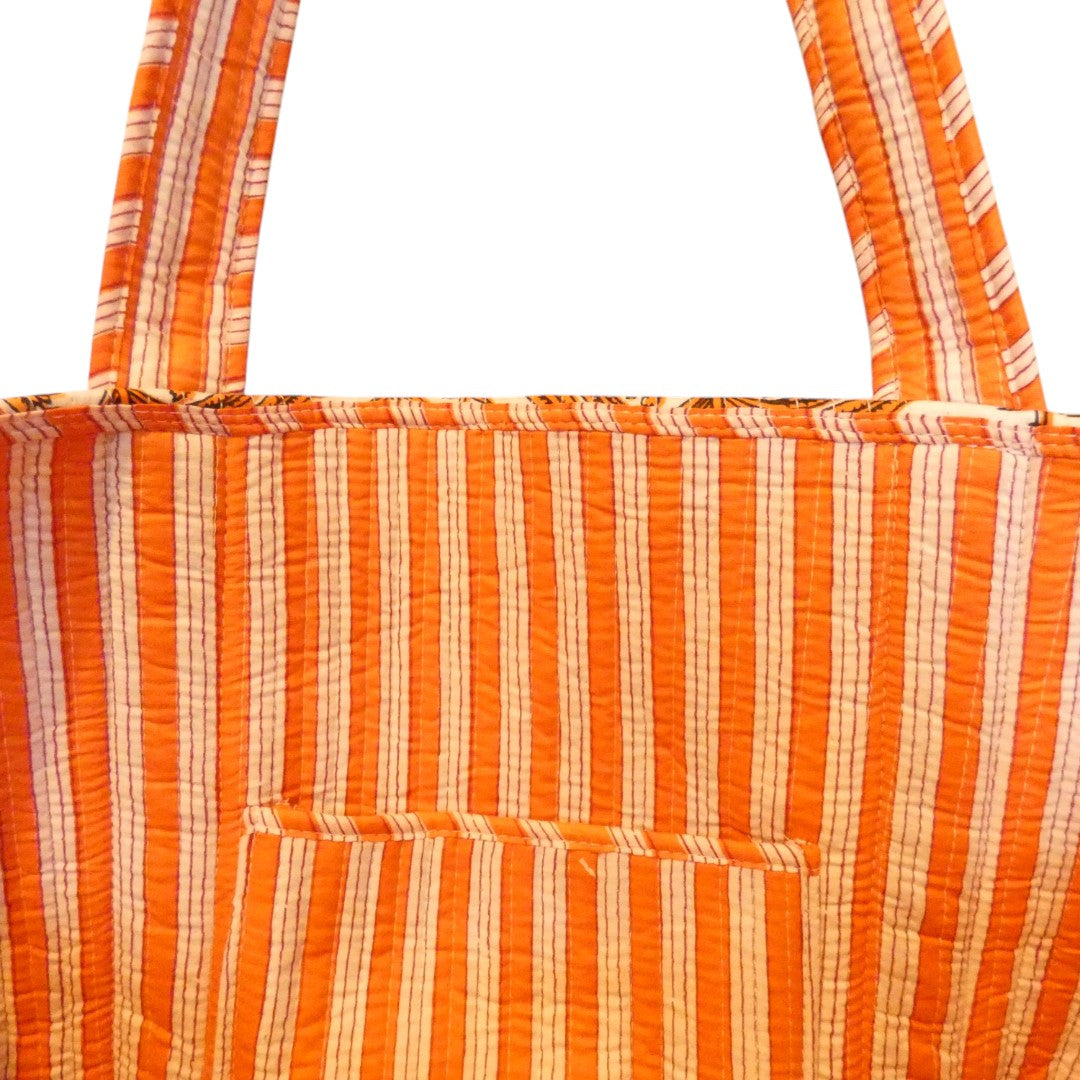 White And Orange Hand Block Printed Tote Bag In An Orange And White Floral Pattern