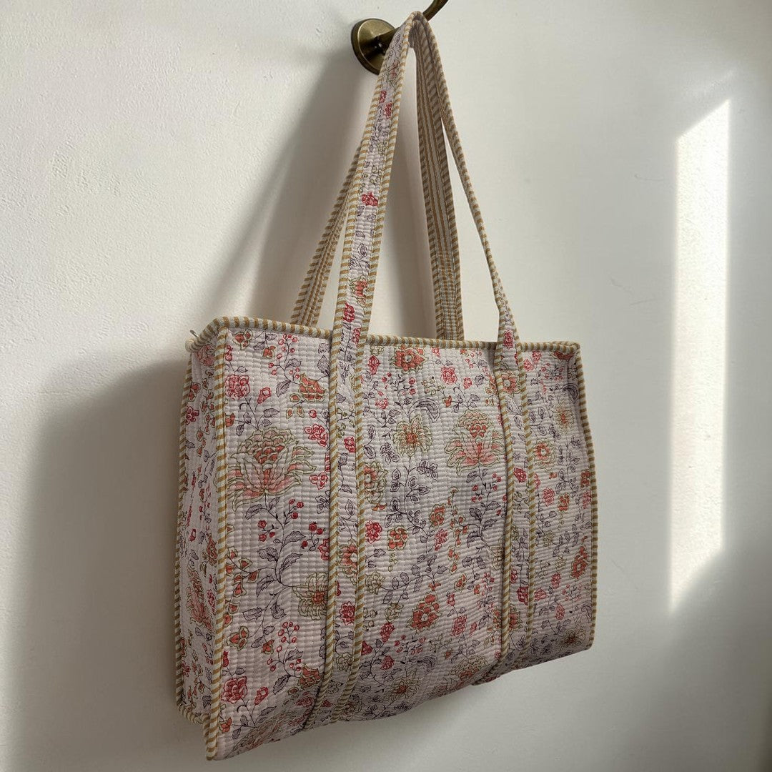 Light Purple Floral Print Hand Block Printed Cotton Tote Bag
