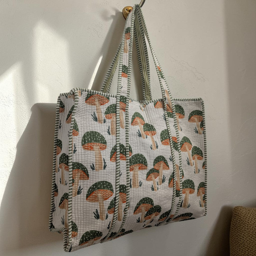 White, Green & Orange Mushroom Print Hand Block Printed Cotton Tote Bag