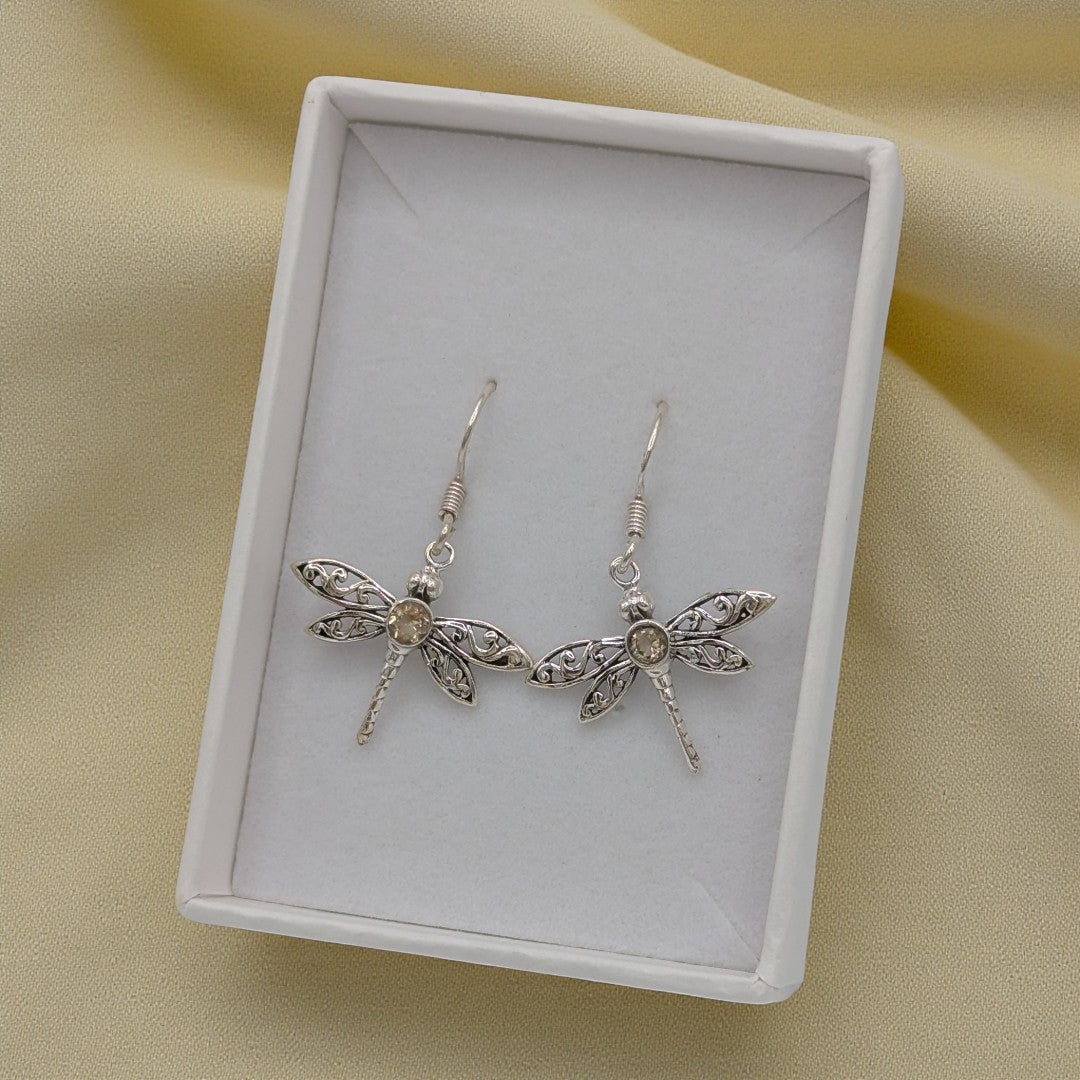 Sterling Silver Emira Dragonfly Citrine Drop Earrings 1.5"