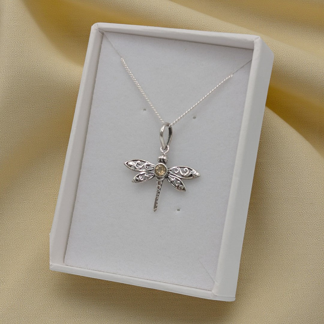 Sterling Silver Emira Citrine Small Dragonfly Necklace