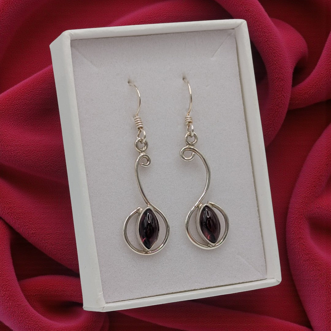 Sterling Silver Garnet Curved Drop Earrings 1.6"