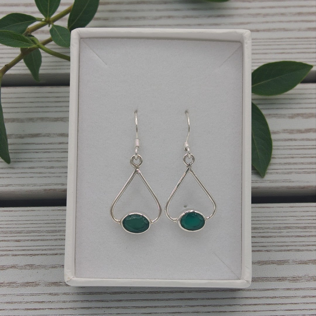Sterling Silver Emira Green Onyx Open Teardrop Earrings 1.3"