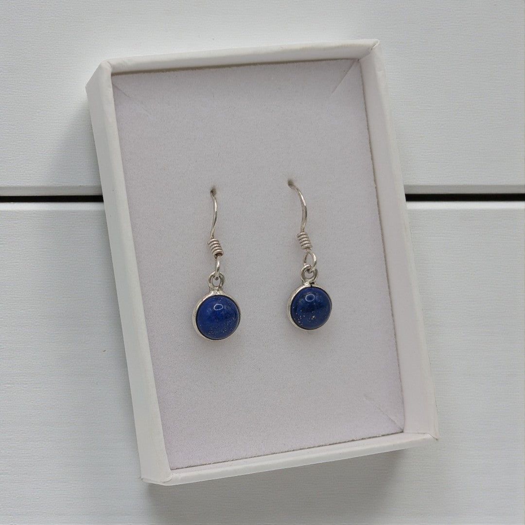 Sterling Silver Lapis Lazuli Round Stone Drop Earrings 1.1"