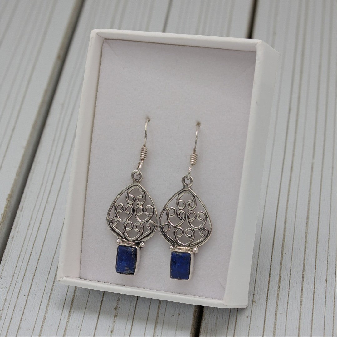 Sterling Silver Lapis Decorative Drop Earrings 1.5"