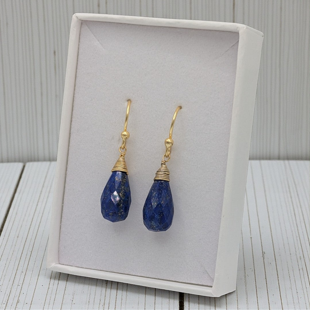 Gold Plated Sterling Silver Emira Lapis Lazuli Wire Wrap Drop Earrings 1.2"